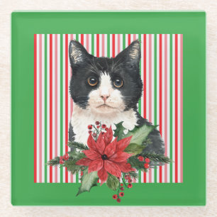 Waterverf Zwart-Witte Kat & Poinsettia Glazen Onderzetter