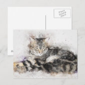 Waterverf zwarte bruin en witte kat briefkaart (Voorkant / Achterkant)