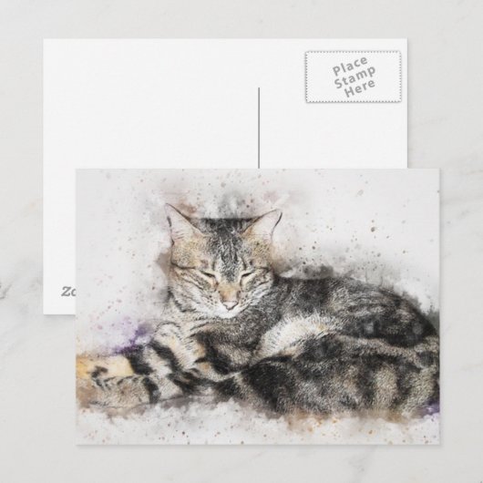 Waterverf zwarte bruin en witte kat briefkaart (Voorkant / Achterkant)