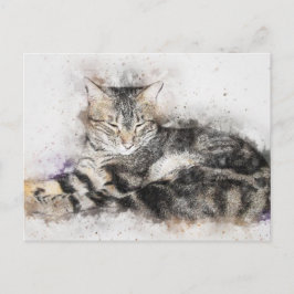 Waterverf zwarte bruin en witte kat briefkaart