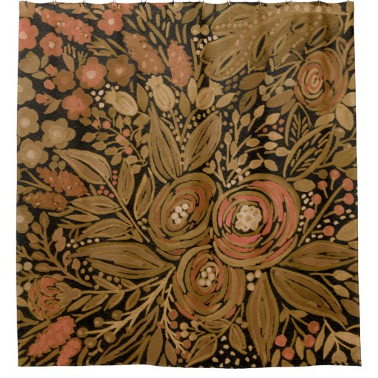 waterverf, zwarte bruine bloem, patroon zwart douchegordijn (Voorkant)