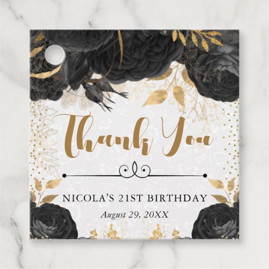 Waterverf zwarte en gouden bloemen bedankjes labels (Voorkant)