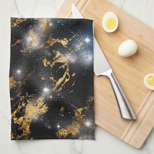 Waterverf zwarte en goudmarmer theedoek (Quarter Fold)