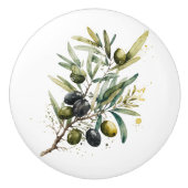 Waterverf zwarte en groene olijven op een tak keramische knop (Voorkant)