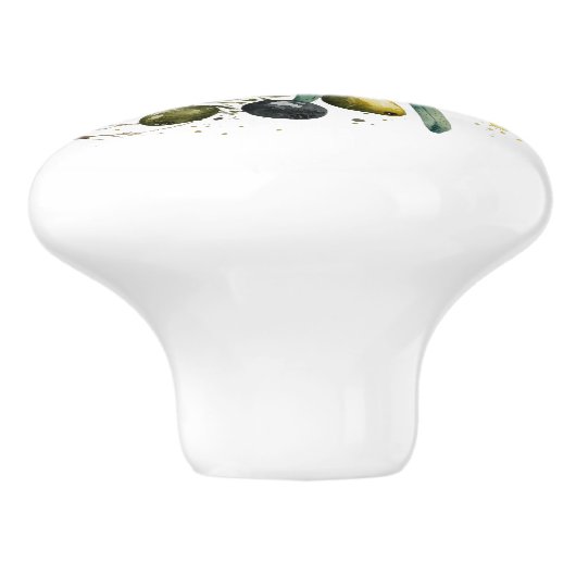 Waterverf zwarte en groene olijven op een tak keramische knop (Zijkant)