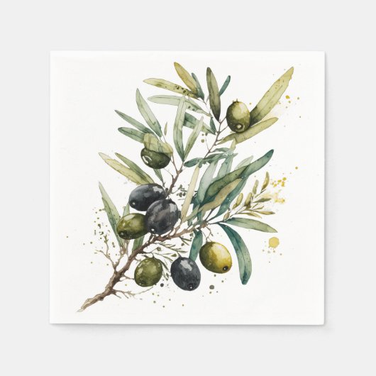 Waterverf zwarte en groene olijven op een tak servet (Voorkant)