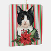 Waterverf zwarte en witte kat en poinsettia keramisch ornament (Rechts)
