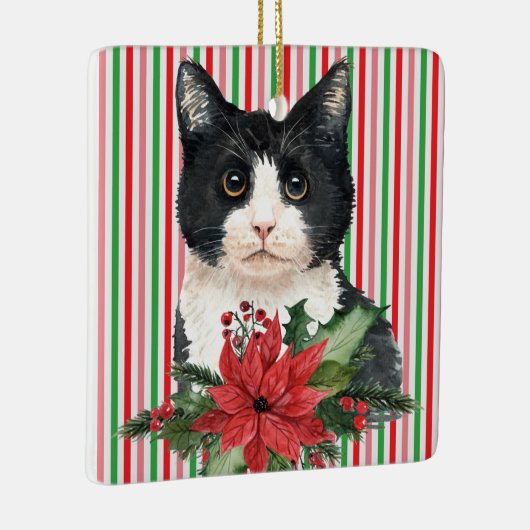 Waterverf zwarte en witte kat en poinsettia keramisch ornament (Rechts)