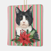 Waterverf zwarte en witte kat en poinsettia keramisch ornament (Links)