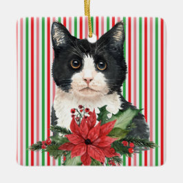 Waterverf zwarte en witte kat en poinsettia keramisch ornament