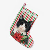 Waterverf zwarte en witte kat en poinsettia kleine kerstsok (Voorkant (Hangend))