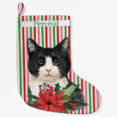 Waterverf zwarte en witte kat en poinsettia kleine kerstsok (Voorkant)