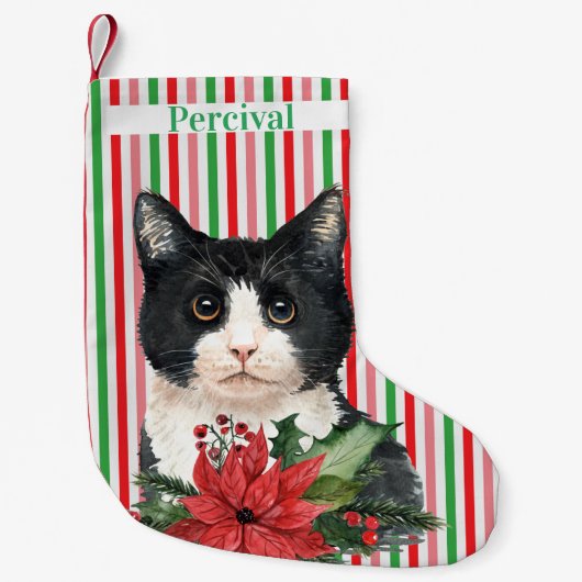 Waterverf zwarte en witte kat en poinsettia kleine kerstsok (Voorkant)