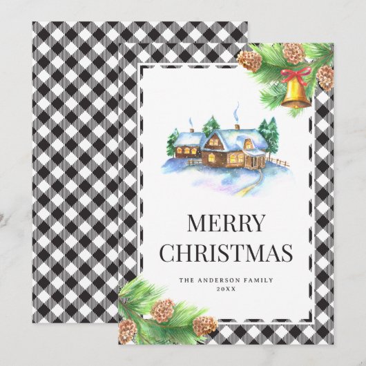 Waterverf Zwarte en Witte Kerstmis Feestdagenkaart (Voorkant / Achterkant)