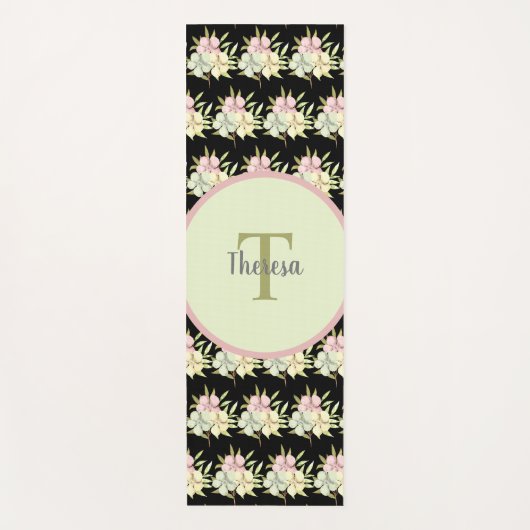 Waterverf Zwarte Floral Monogram Naam Yogamat (Voorkant)