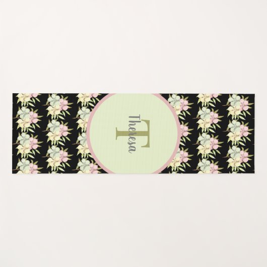Waterverf Zwarte Floral Monogram Naam Yogamat (Voorkant (horizontaal))