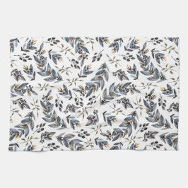 Waterverf zwarte grijze tinnen bladeren en bessen  theedoek