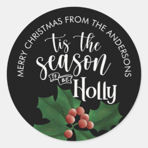 Waterverf Zwarte Hulst en Bessen Kerstcadeau Ronde Sticker