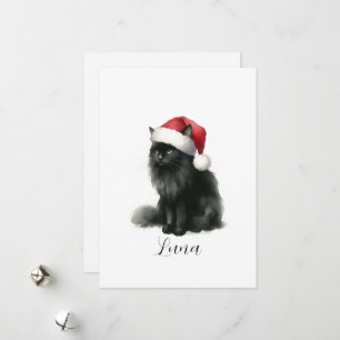 Waterverf Zwarte Kat in Feestelijke Kerstman Hoed Feestdagenkaart