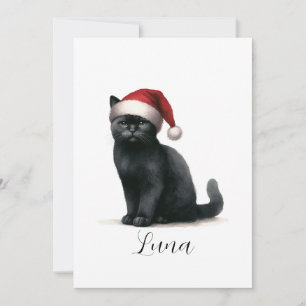 Waterverf Zwarte Kat in Feestelijke Kerstman Hoed Feestdagenkaart