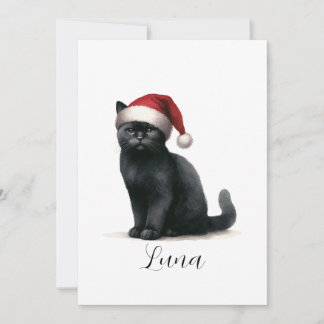 Waterverf Zwarte Kat in Feestelijke Kerstman Hoed Feestdagenkaart