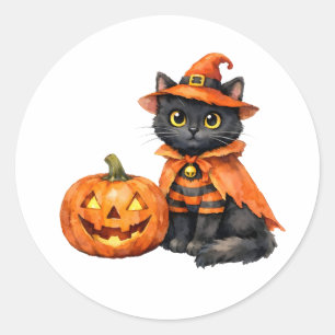 Waterverf zwarte kat in Halloween-kostuum Ronde Sticker