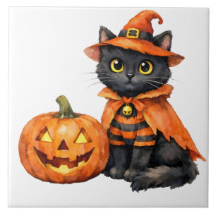 Waterverf zwarte kat in Halloween-kostuum Tegeltje