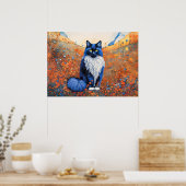 Waterverf zwarte kat in papaverveld poster (Keuken)