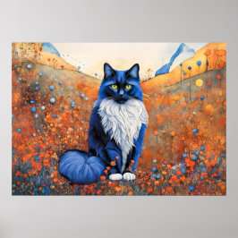 Waterverf zwarte kat in papaverveld poster