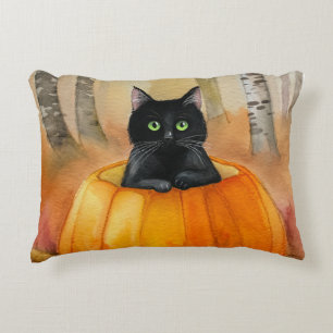 Waterverf zwarte kat in Pumpkin Herfst Forest Hall Accent Kussen