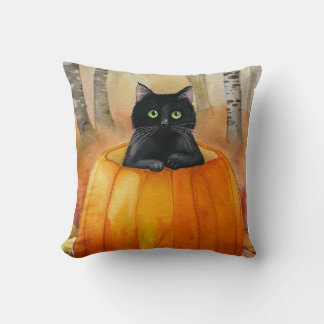 Waterverf zwarte kat in Pumpkin Herfst Forest Hall Kussen