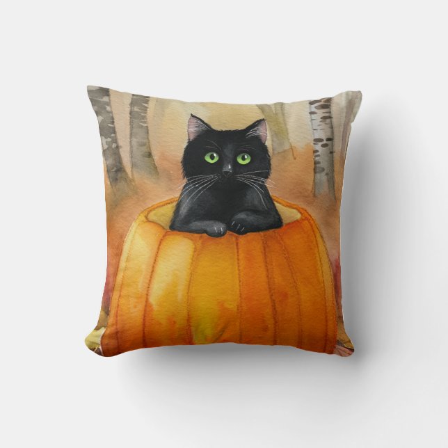Waterverf zwarte kat in Pumpkin Herfst Forest Hall Kussen (Voorkant)