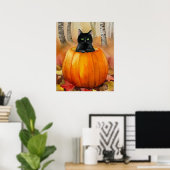 Waterverf zwarte kat in Pumpkin Herfst Forest Hall Poster (Thuiskantoor)