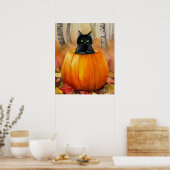 Waterverf zwarte kat in Pumpkin Herfst Forest Hall Poster (Keuken)