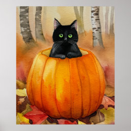 Waterverf zwarte kat in Pumpkin Herfst Forest Hall Poster
