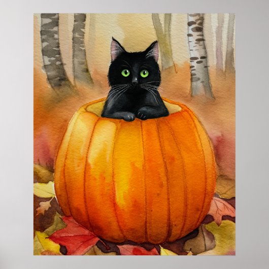 Waterverf zwarte kat in Pumpkin Herfst Forest Hall Poster (Voorkant)