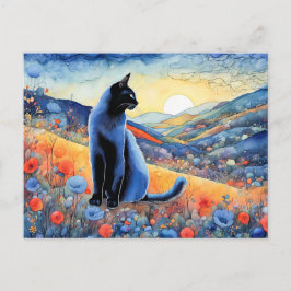 Waterverf zwarte kat in Sunset Hills Briefkaart
