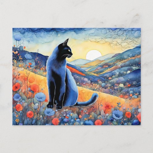 Waterverf zwarte kat in Sunset Hills Briefkaart (Voorkant)