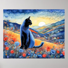 Waterverf zwarte kat in Sunset Hills Poster
