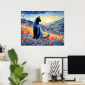 Waterverf zwarte kat in Sunset Hills Poster (Thuiskantoor)