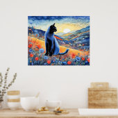 Waterverf zwarte kat in Sunset Hills Poster (Keuken)