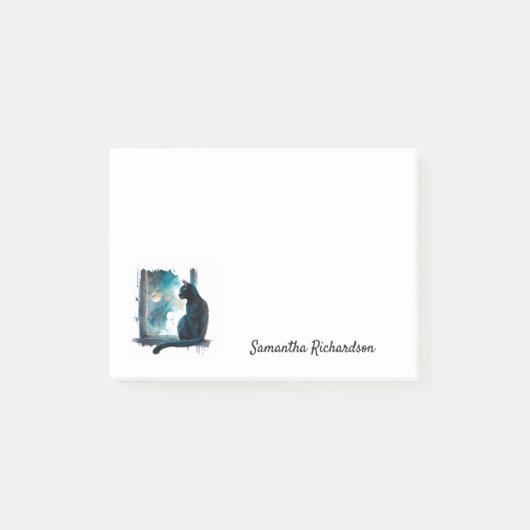 Waterverf Zwarte Kat Maan Silhouet Post-it® Notes (Voorkant)
