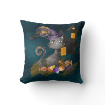 Waterverf Zwarte Kat met snoepjes, Halloween