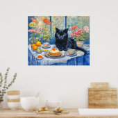 Waterverf zwarte kat met theetafel poster (Keuken)
