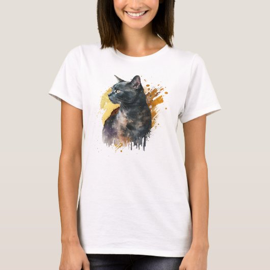 Waterverf zwarte kat t-shirt (Voorkant)