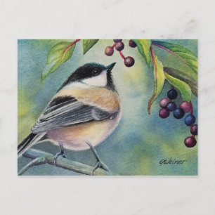 Waterverf zwarte kippen - Bird Berries - Kunst Briefkaart