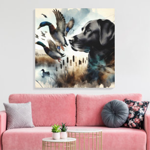 Waterverf zwarte labrador en eenden canvas afdruk