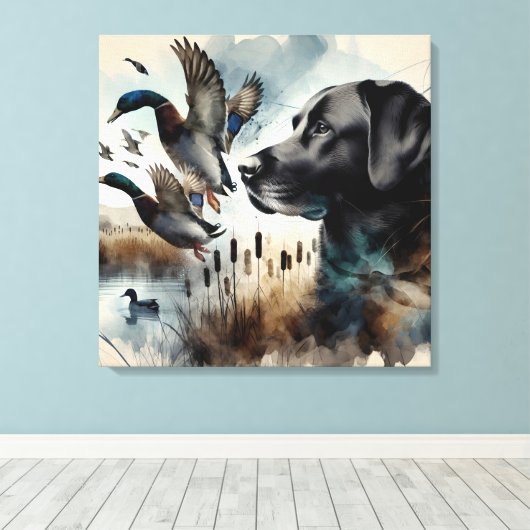 Waterverf zwarte labrador en eenden canvas afdruk (Insitu (Houten vloer))