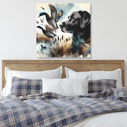 Waterverf zwarte labrador en eenden canvas afdruk (Insitu (Slaapkamer))