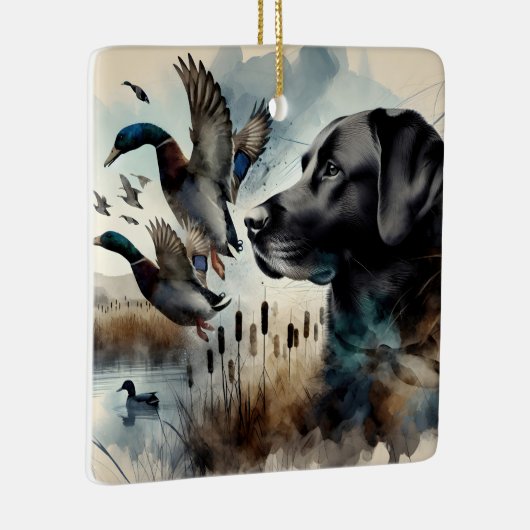 Waterverf zwarte labrador en eenden keramisch ornament (Rechts)